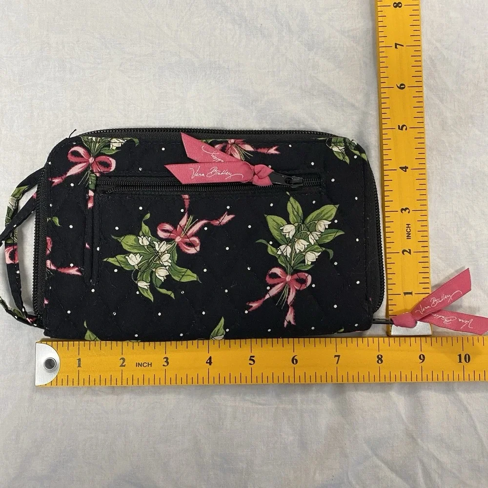 Vera Bradley Travel Wallet Zip Around Organizer Black Floral Pink Green Wristlet